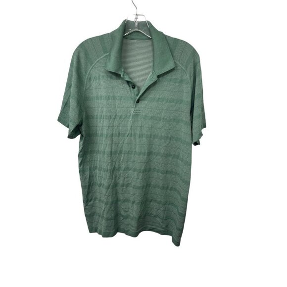 Lululemon Polo Shirt men's Large Green Striped Short Sleeve Stretchy Logo - Picture 1 of 5